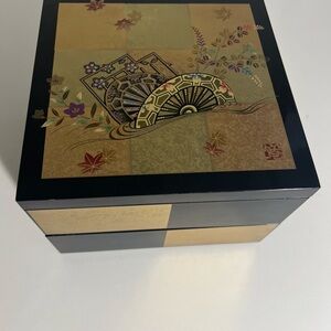 Japanese Decorative Lacquer Box Gold Fan Design Red Interior Keepsake Storage